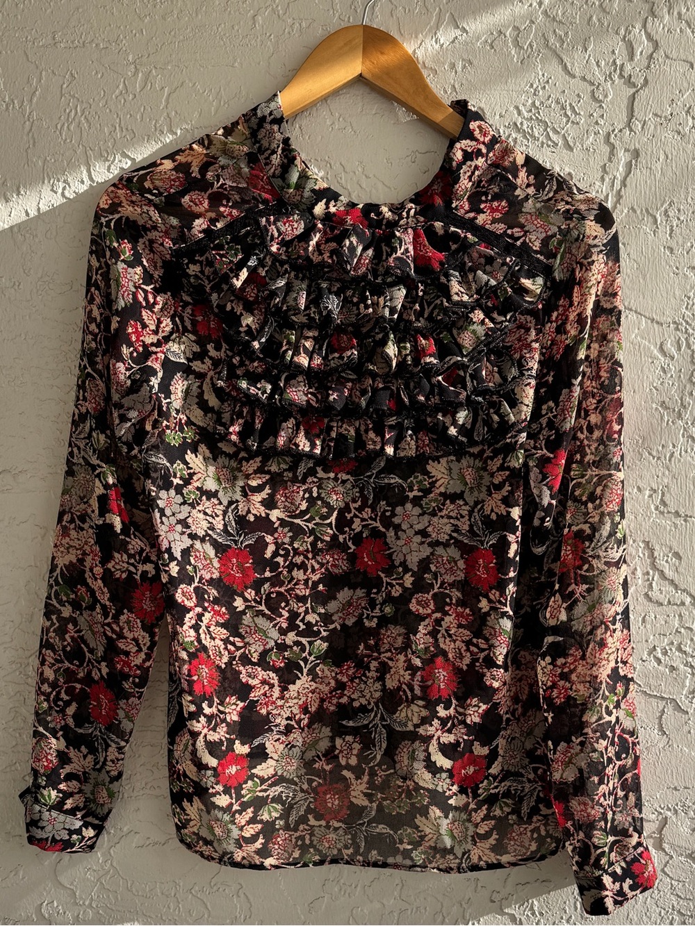 Zara Black Sheer Floral Ruffle Blouse with Red & Cream Accents